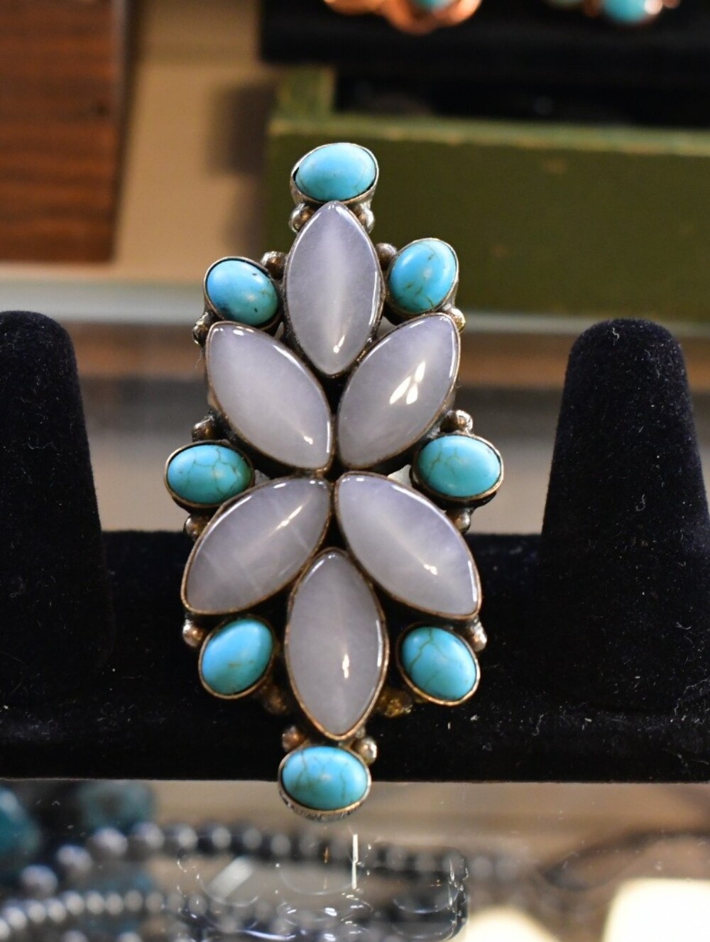 German Silver Turquoise and White Floral Statement Ring Sz Adj